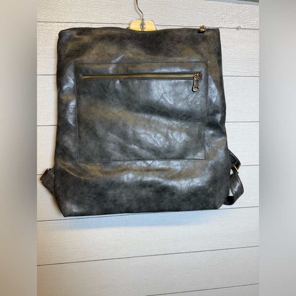 Women's Black Faux Leather Backpack Tote with Front Zip Pocket